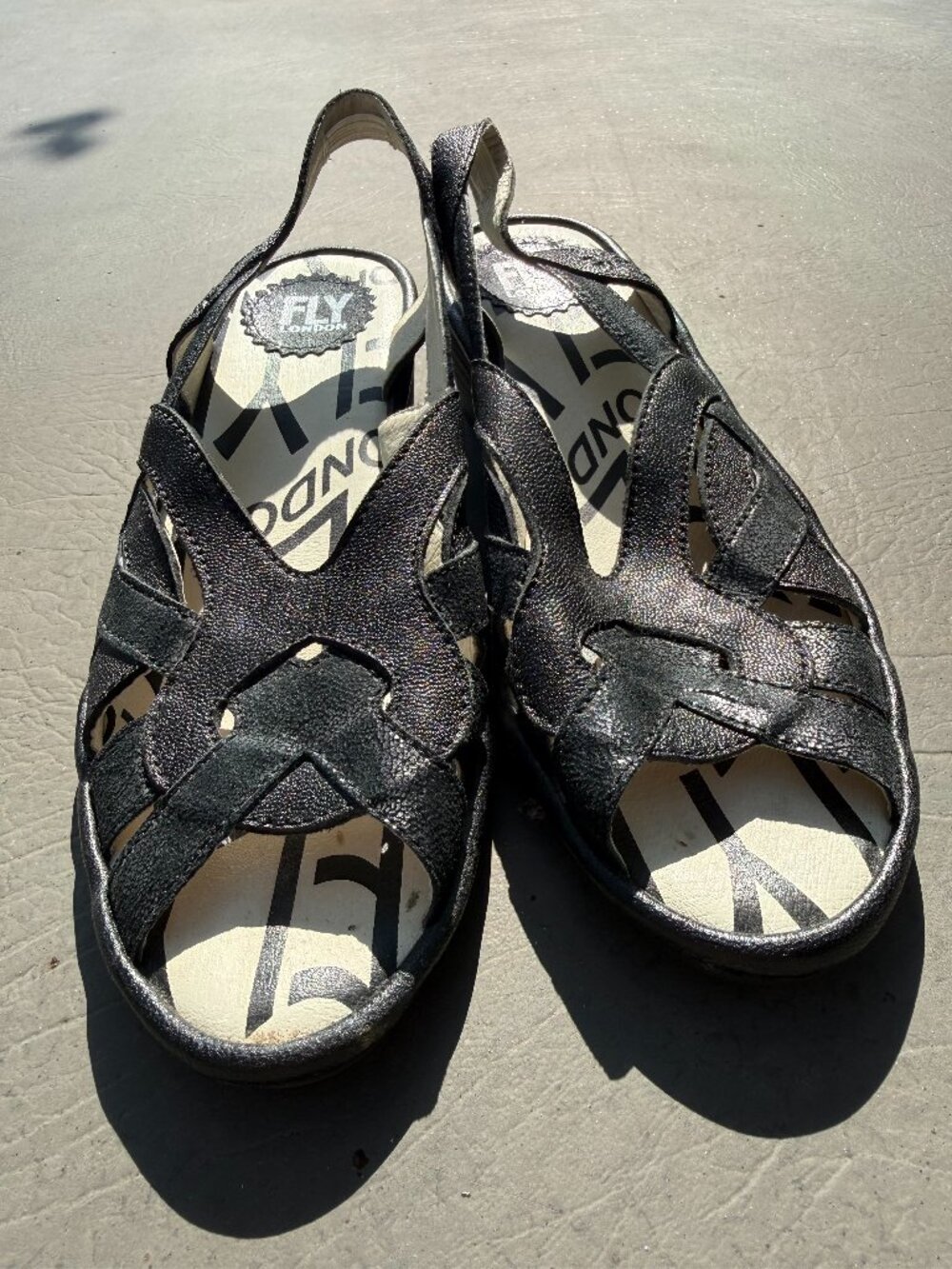 Fly London Black Leather Wedge Sandals Sz 37